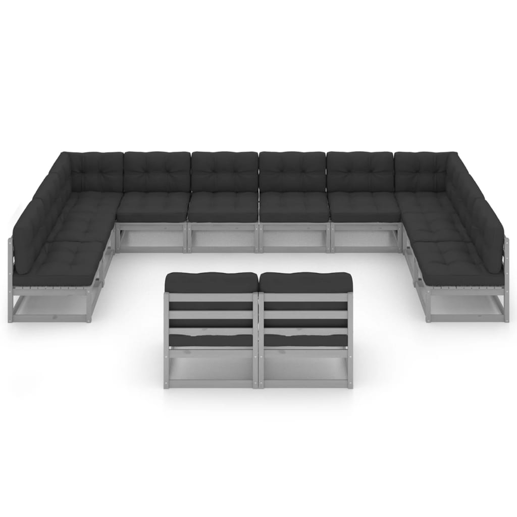 12-tlg. Garten-Lounge-Set mit Kissen Grau Kiefer Massivholz
